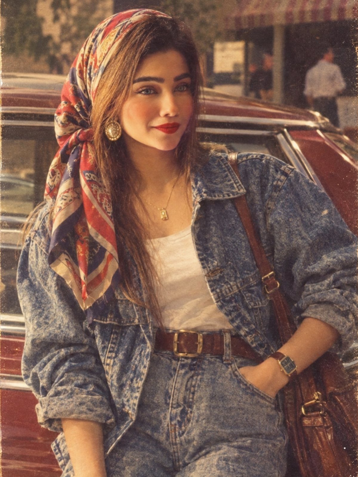Woman wearing an acid-wash denim jacket and matching jeans with a patterned headscarf.