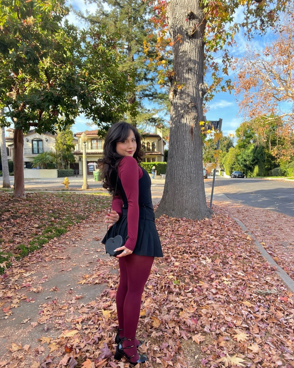 Woman wearing a black dress with burgundy long sleeves and matching burgundy tights standing outdoors.