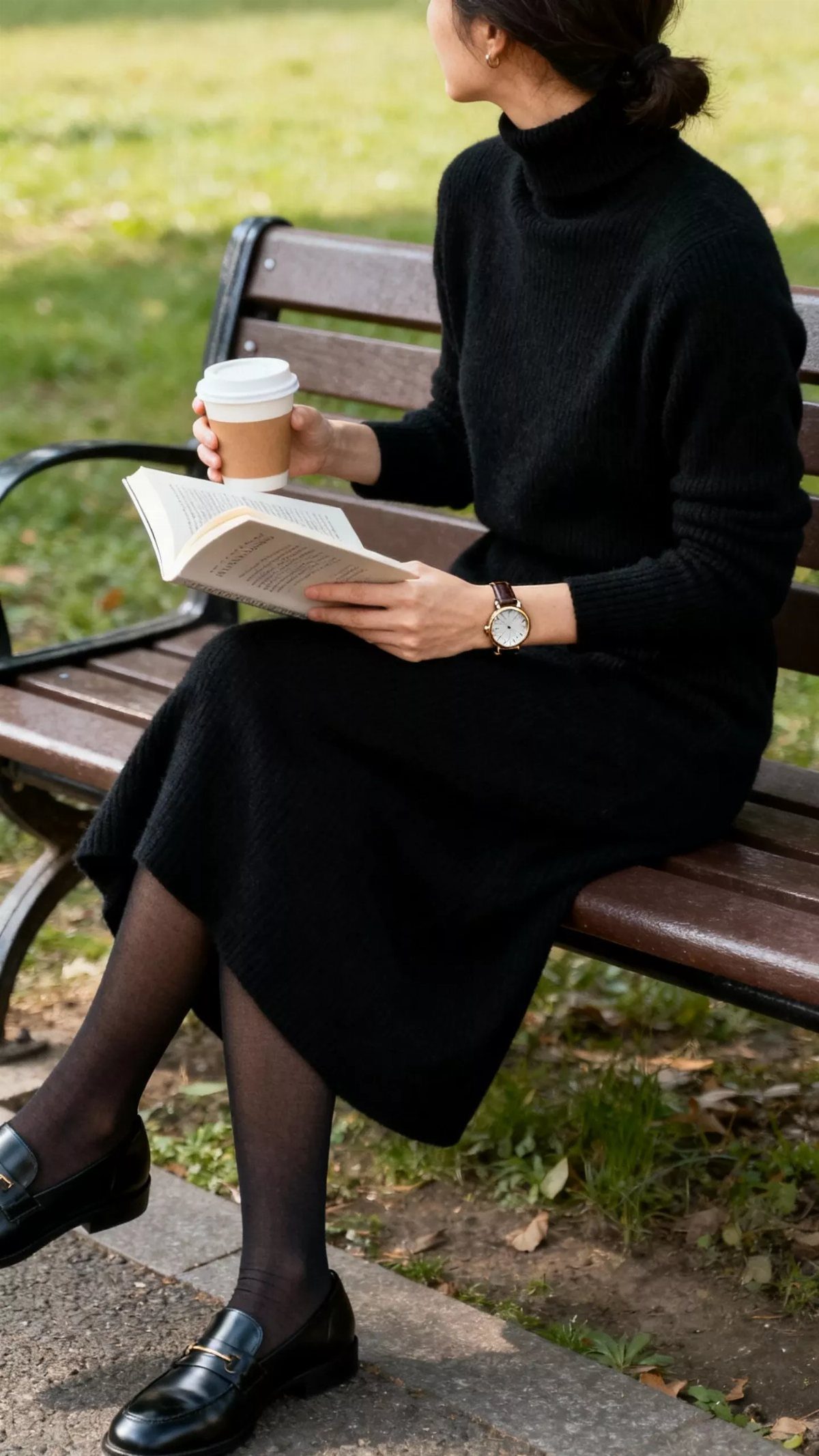 A woman in a black turtleneck sweater dress sitting on a park bench with a book.