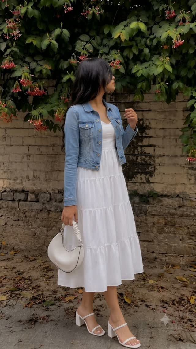 A woman in a white tiered dress and denim jacket holding a white handbag.