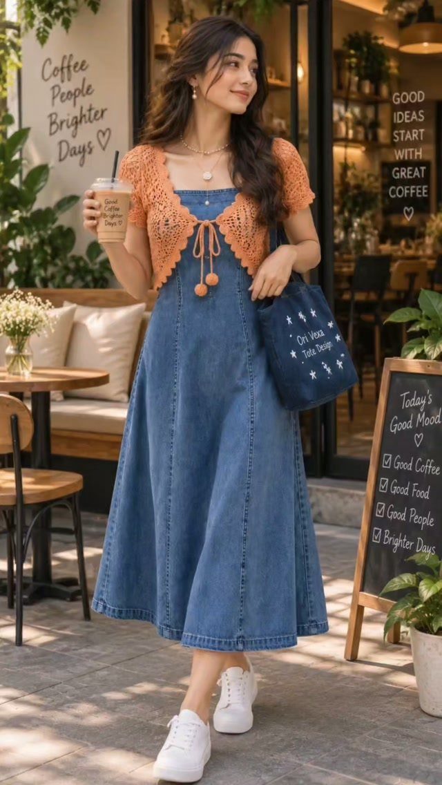 A woman wearing a denim midi dress and an orange crochet cardigan holding coffee.