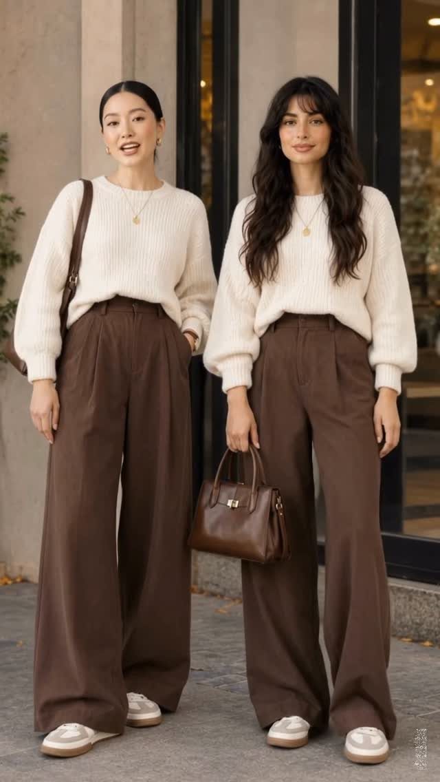 Two women posing in cream knit sweaters and brown wide leg trousers outdoors.