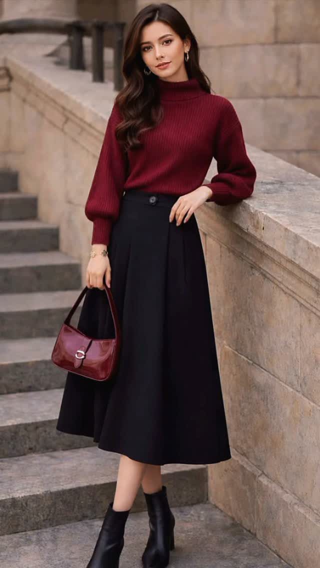 Woman in a burgundy turtleneck sweater and black midi skirt posing on stone stairs.