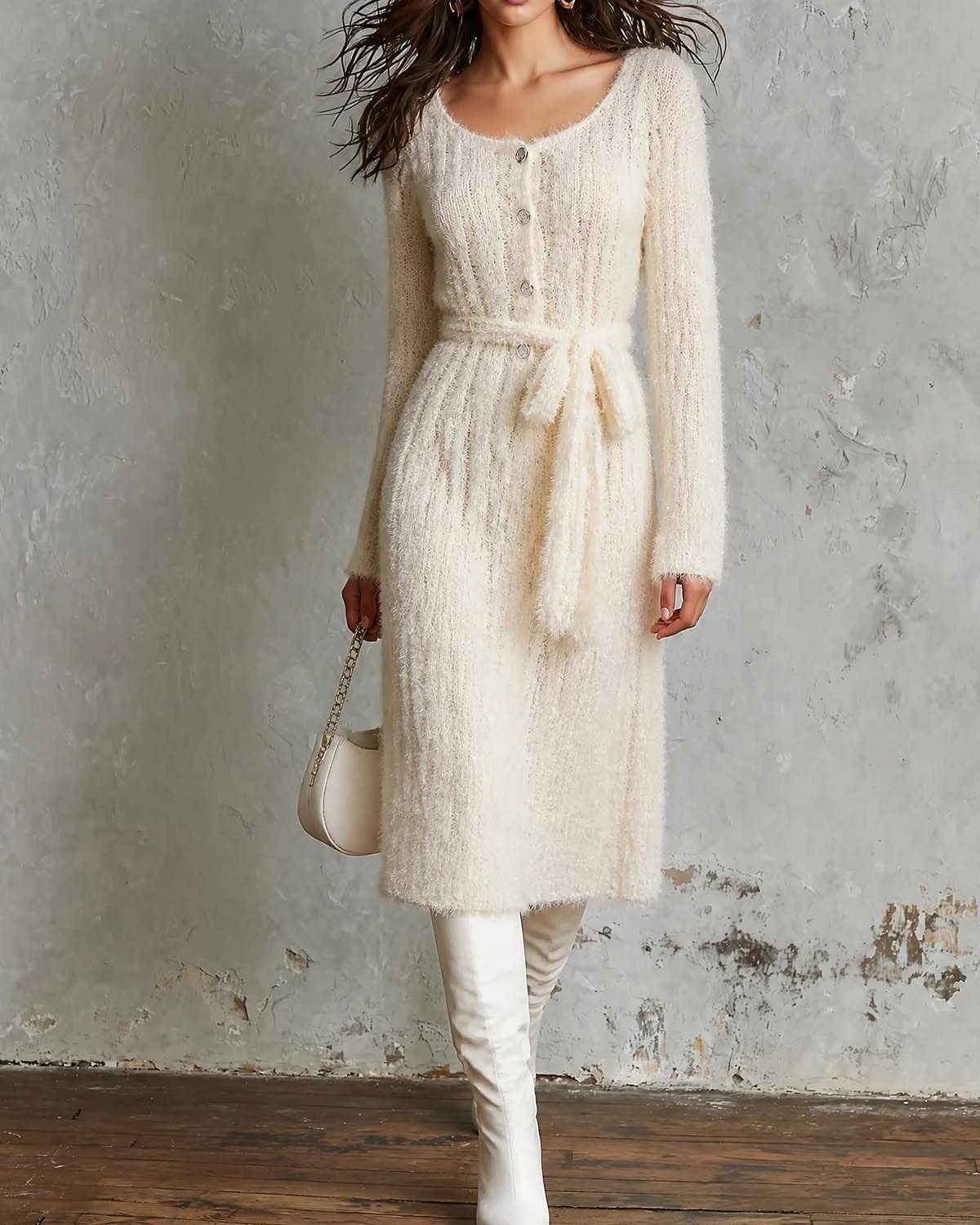 Woman in a cream ribbed knit midi dress with white boots and a white handbag.