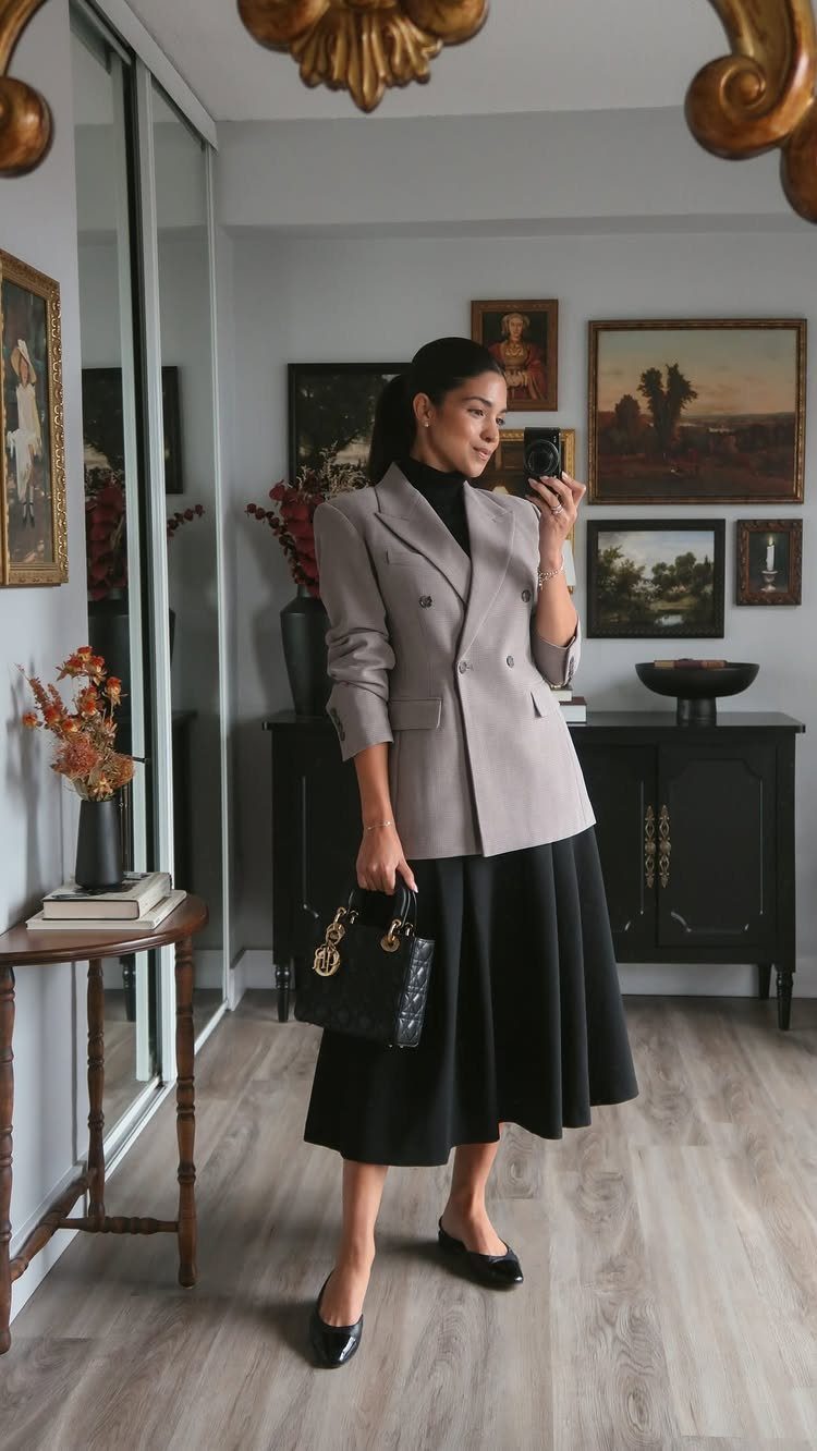 Woman in a taupe blazer, black turtleneck, and long black skirt taking a mirror selfie.