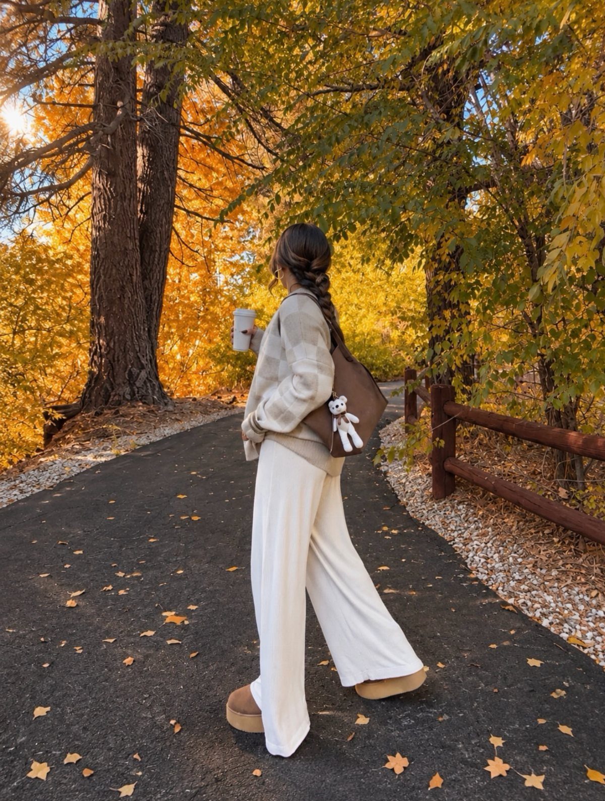 A woman in a cream cardigan and white wide-leg pants walking through autumn trees.