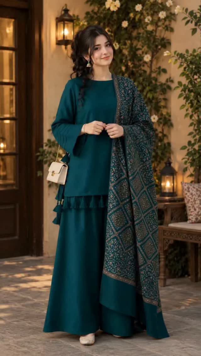 Woman wearing a dark teal long-sleeved outfit with a matching patterned shawl.
