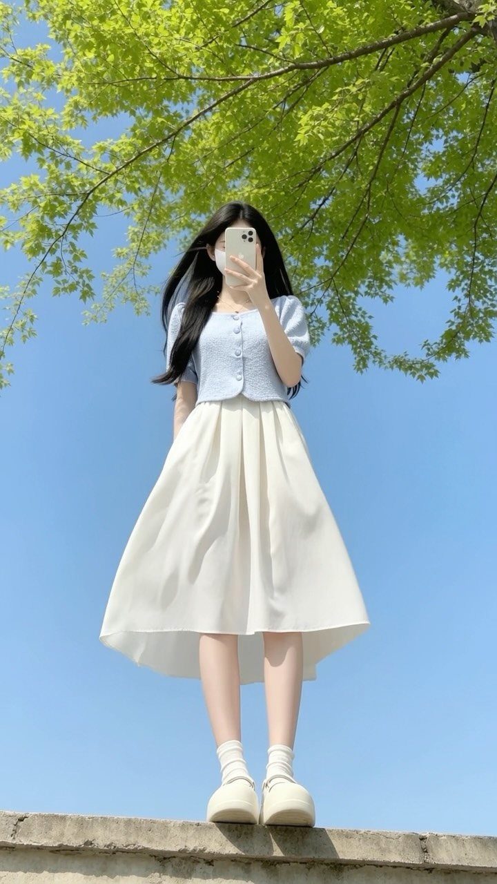 A person wearing a light blue cardigan and a long white skirt standing under green trees.