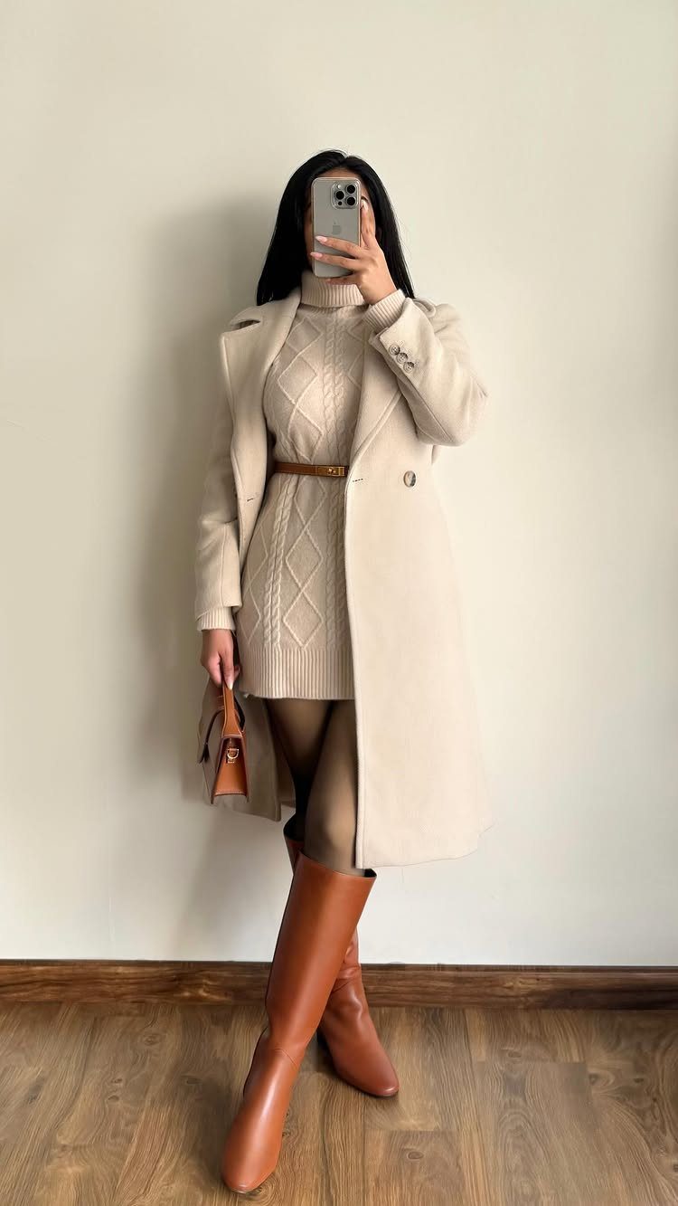A person wearing a cream cable-knit turtleneck sweater dress with a long coat and brown boots.